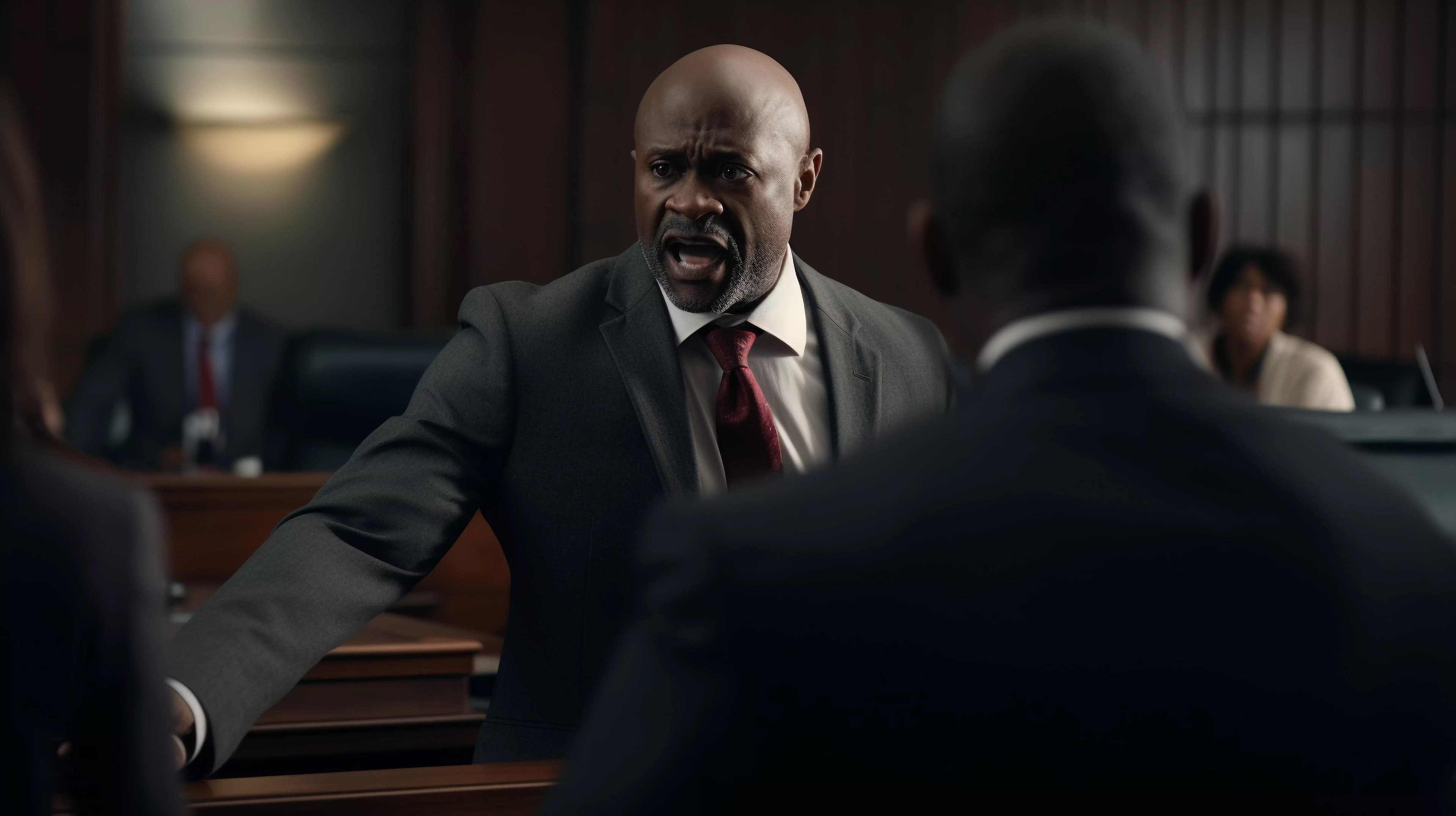 Courtroom legal advocacy scene with lawyers and judges bench